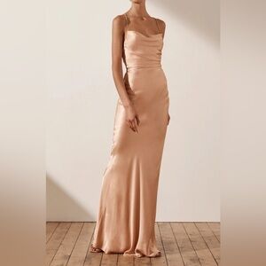 NWT Shona Joy La Lune Ruched Laced Backless Slip Maxi Dress Desert Rose AU10/US6